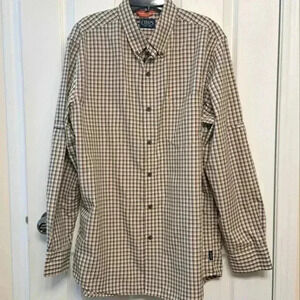 Chaps Men's Dress Shirt Medium 16.5 Roll Tab Sleeve  Green Tan White Long Sleeve